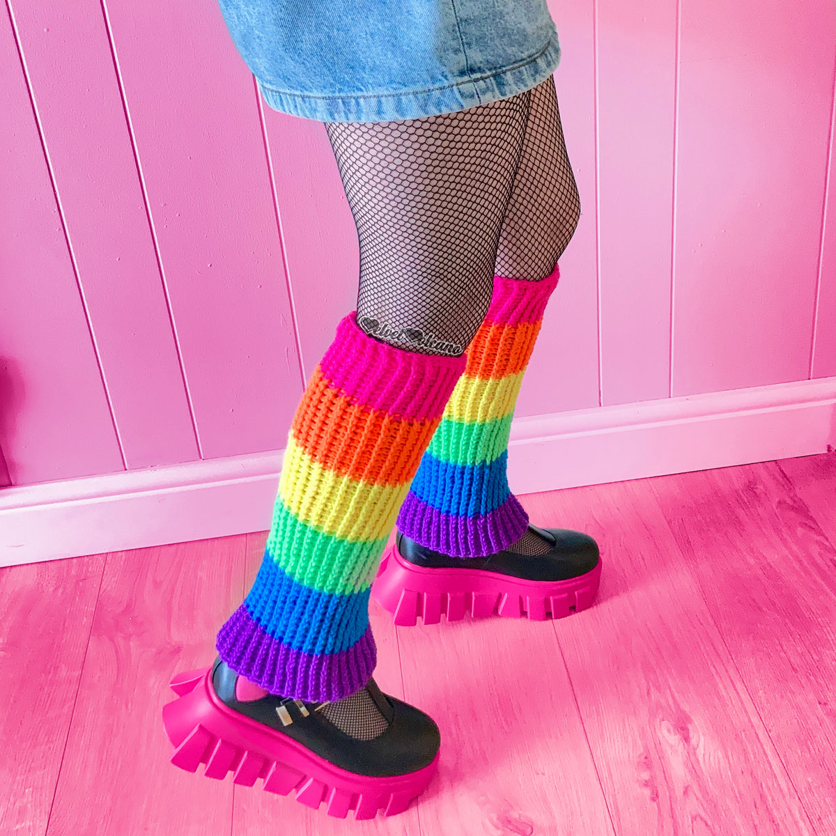 Neon Rainbow Striped Crochet Flared Leg Warmers Y2K Cyber