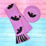 Lilac and Black crochet bat print beret and chunky scarf with tassels by VelvetVolcano
