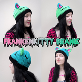 FrankenKitty Beanie - Neon Green, Turquoise, Neon Pink & Black Kitty Ear Hat - Spooky Frankensteins Monster Inspired Cat Hat by VelvetVolcano