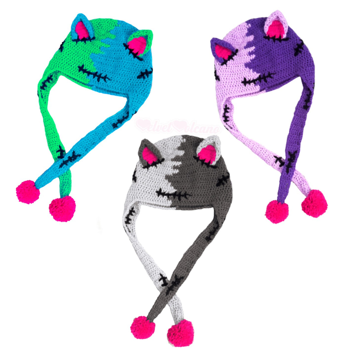 FrankenKitty Pom Pom Ear Flap Beanie - Frankenstein / Zombie Cat