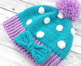 Turquoise, Lilac and White or Custom Colour Polka Dot Pom Pom Beanie with Bow Detail - Kawaii Sweet Lolita Hat by VelvetVolcano