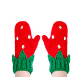 Rose Red and Emerald Green crocheted mittens with leaf and rhinestone detail, the mittens are designed to look like strawberries. Custom Colour Kawaii Strawberry Mittens by VelvetVolcano