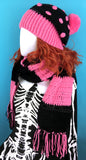 Bubblegum Pink & Black Polka Dot Slouchy Pom Pom Beanie and Bubblegum Pink & Black Striped Chunky Scarf by VelvetVolcano