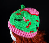 Zombie Kitty Beanie - Neon Green, Bubblegum Pink, Black and Red Crochet Zombie Hat with Cat Ears, Stitches and exposed BRAINS, made from 100% Acrylic Yarn by VelvetVolcano