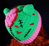 Zombie Kitty Beanie - Neon Green, Bubblegum Pink, Black and Red Crochet Zombie Hat with Cat Ears, Stitches and exposed BRAINS, made from 100% Acrylic Yarn by VelvetVolcano