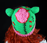 Zombie Kitty Beanie - Neon Green, Bubblegum Pink, Black and Red Crochet Zombie Hat with Cat Ears, Stitches and exposed BRAINS, made from 100% Acrylic Yarn by VelvetVolcano