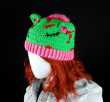 Zombie Kitty Beanie - Neon Green, Bubblegum Pink, Black and Red Crochet Zombie Hat with Cat Ears, Stitches and exposed BRAINS, made from 100% Acrylic Yarn by VelvetVolcano