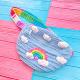 Light Blue Crochet Bum Bag with Pastel Rainbow Striped Strap and Pastel Rainbow and Cloud Motif - Kawaii Fairy Kei Fanny Pack by VelvetVolcano