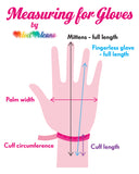 Measuring for Gloves graphic by VelvetVolcano that shows a pink hand with arrows on it that say "Mittens - full length" (measured from wrist to top of longest finger), “Fingerless Glove - full length” (from wrist to midway of the second longest finger), Palm Width, Cuff Circumference (circumference of the wrist) and Cuff Length
