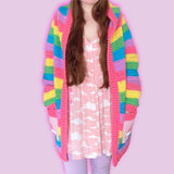 Pastel Rainbow Striped Hooded Cardigan with Cloud Pockets