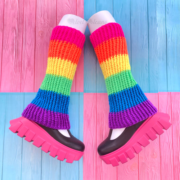 Neon Rainbow Striped Crochet Flared Leg Warmers - Y2K Cyber Rave