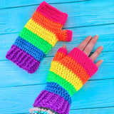 Neon Rainbow Striped Womens Fingerless Gloves, Vibrant Colourful Stripy Girls Ladies Crochet Hand Warmers by VelvetVolcano