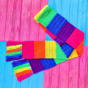 Chunky Neon Rainbow Striped Crochet Scarf with Neon Rainbow Tassels by VelvetVolcano