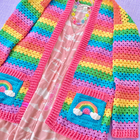 Pastel Rainbow Striped Crochet Cardigan with Rainbow Cloud Pockets by VelvetVolcano