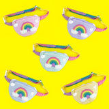 5 pastel rainbow cloud bum bags / fanny packs with different main colours including: Baby Pink, Lavender, Seafoam Green, Duck Egg Blue and Banana Yellow - all by VelvetVolcano