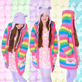 Pastel Rainbow Striped Hooded Cardigan with Cloud Pockets