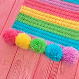 Pastel Rainbow Striped Crochet Pin Display Banner with Pastel Rainbow Pom Poms and Birch Wooden Dowel Hanger by VelvetVolcano