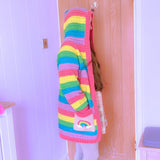 Kawaii Pastel Rainbow Striped Crochet Hooded Cardigan with Rainbow Cloud Pockets by VelvetVolcano