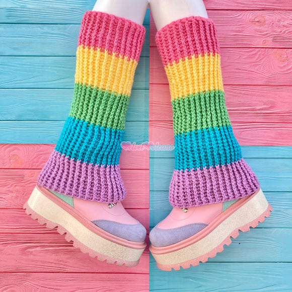 Pastel Rainbow Striped Crochet Flared Leg Warmers - Kawaii Fairy