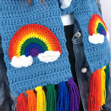 Crochet Chunky Bright Rainbow Cloud Scarf - Dolphin Blue Scarf with Rainbow Tassels and Rainbow Motif and Cloud Pattern by VelvetVolcano