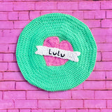 Custom Colour and Text Love Heart Banner Beret in Neon Green with Bubblegum Pink Heart, White Banner and Black text that says Lulu- Valentine Tattoo Style Hat by VelvetVolcano