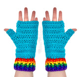 Turquoise crochet fingerless gloves with rainbow striped cuffs by VelvetVolcano