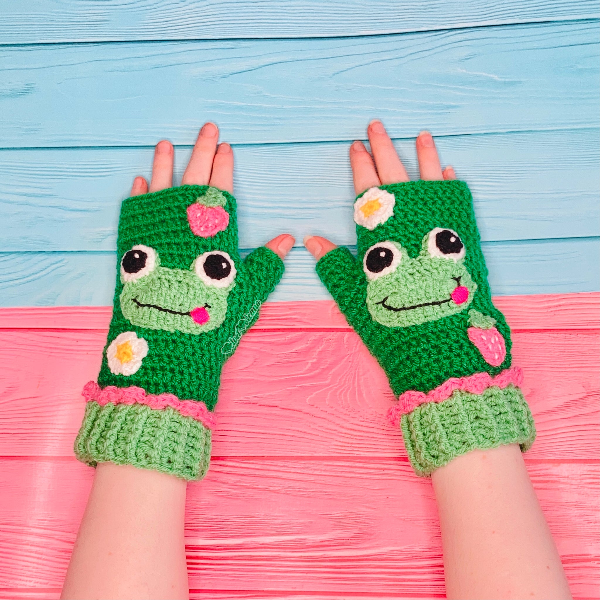 Froggy Gloves Green Crochet Frog, Strawberry Daisy Hand