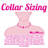 Collar Sizing Graphic by VelvetVolcano with text that says: Place tape measure around the back of the neck, with the beginning of the tape held at the point you’d like the collar to sit. The final measurement is the number where the end of the tape that you placed around your neck meets the starting end at the neckline.