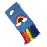 Chunky Bright Rainbow Cloud Scarf - Dolphin Blue crochet scarf with rainbow tassels and rainbow and cloud design by VelvetVolcano