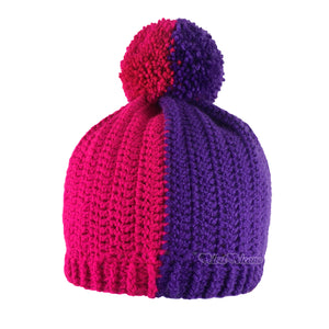 Hot Pink & Violet Half & Half Cruella de Vil Style Pom Pom Beanie by VelvetVolcano