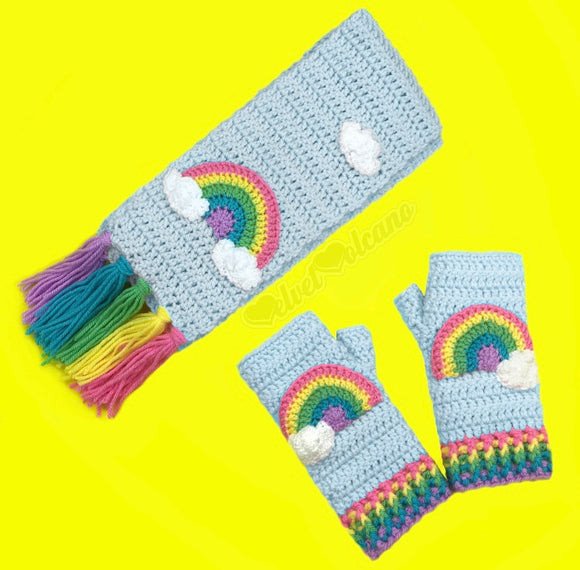 Baby Blue chunky crochet scarf and fingerless gloves set with cloud and pastel rainbow design by VelvetVolcano