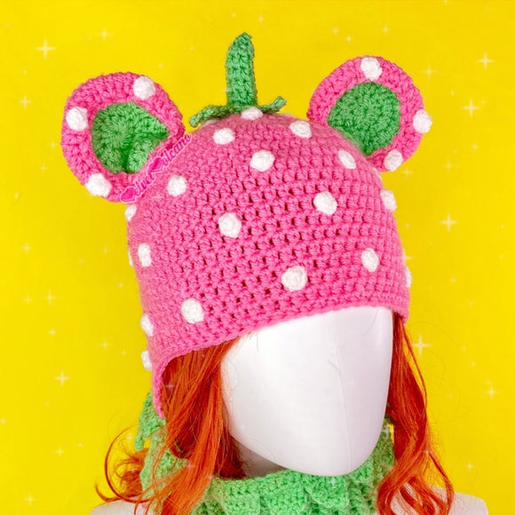 Bubblegum Pink and Spearmint Green Crocheted Strawberry Theme Balaclava with Bear Ears by VelvetVolcano