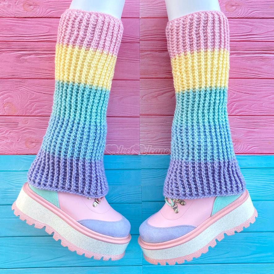 Ultra Pastel Rainbow Striped Crochet Flared Leg Warmers - Kawaii Fairy Kei  Knit Legwarmers by VelvetVolcano