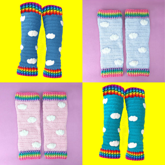 4 pairs of crochet leg warmers with a cloud design and rainbow striped cuffs. The colour combinations include a grey blue with bright rainbow cuffs, duck egg blue with pastel rainbow cuffs, baby pink with pastel rainbow cuffs and turquoise with bright rainbow cuffs.