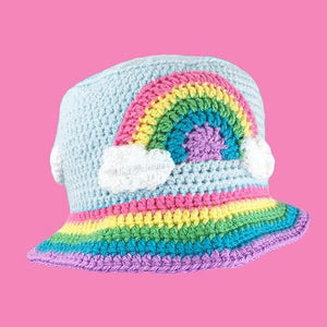 Kawaii Duck Egg Blue crochet bucket hat with pastel rainbow and cloud motif and a pastel rainbow striped brim by VelvetVolcano