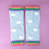 Duck Egg Blue crochet leg warmers with white cloud appliqués and pastel rainbow striped cuffs by VelvetVolcano