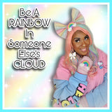 Ayesha wearing a VelvetVolcano Rainbow Cloud Hair Clip and matching Pastel Rainbow Cloud Fingerless Gloves