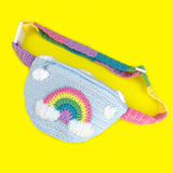 Light Blue Crochet Bum Bag with Pastel Rainbow Striped Strap and Pastel Rainbow and Cloud Motif - Kawaii Fairy Kei Fanny Pack by VelvetVolcano