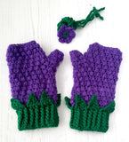 VelvetVolcano Blackberry Fingerless Gloves - Kawaii Fruit Design Texting Mittens - Violet Purple & Emerald Green Crochet Womens or Girls Gloves