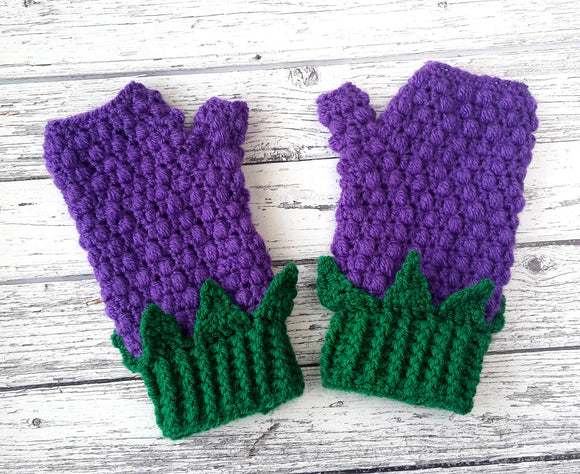 VelvetVolcano Blackberry Fingerless Gloves - Kawaii Fruit Design Texting Mittens - Violet Purple & Emerald Green Crochet Womens or Girls Gloves