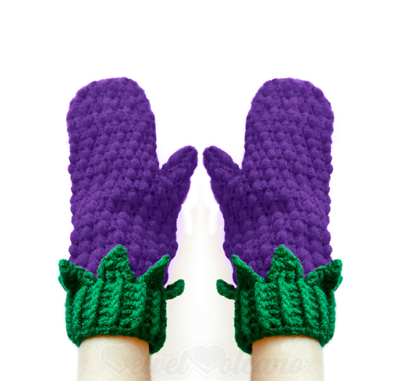 Violet Purple & Emerald Green Blackberry Mittens - Crochet Fruit / Berry Mittens with Bobble Stitch and Leaves by VelvetVolcano