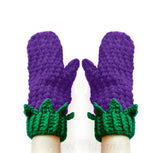 Violet Purple & Emerald Green Blackberry Mittens - Crochet Fruit / Berry Mittens with Bobble Stitch and Leaves by VelvetVolcano