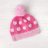 Baby Pink & Bubblegum Pink Heart Print Pom Pom Acrylic Crochet Beanie by VelvetVolcano