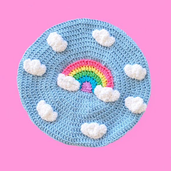 Baby Blue Crocheted Beret with White Clouds and Pastel Rainbow design by VelvetVolcano