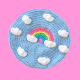 Baby Blue Crocheted Beret with White Clouds and Pastel Rainbow design by VelvetVolcano