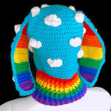 Turquoise, White and Rainbow Striped Kawaii Crochet Bunny Balaclava by VelvetVolcano