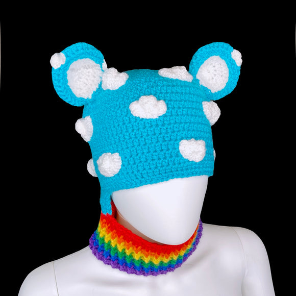 Kawaii Turquoise Crochet Bear Balaclava with White Cloud Details, Round Bear Ears and a Rainbow Striped Ribbed Neck Section by VelvetVolcano