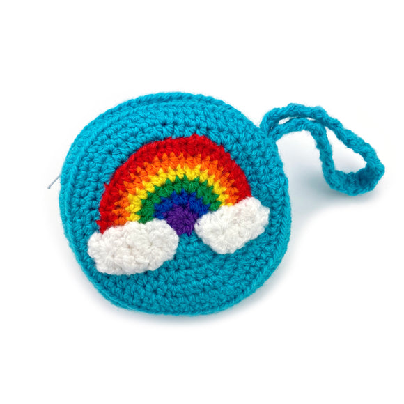 Bright Rainbow Cloud Coin Purse - Kawaii Crochet Turquoise Circular Change Pouch by VelvetVolcano