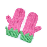 Bubblegum pink and pastel green crocheted mittens with leaf and rhinestone detail, the mittens are designed to look like strawberries. Custom Colour Kawaii Strawberry Mittens by VelvetVolcano