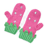 Bubblegum pink and pastel green crocheted mittens with leaf and rhinestone detail, the mittens are designed to look like strawberries. Custom Colour Kawaii Strawberry Mittens by VelvetVolcano